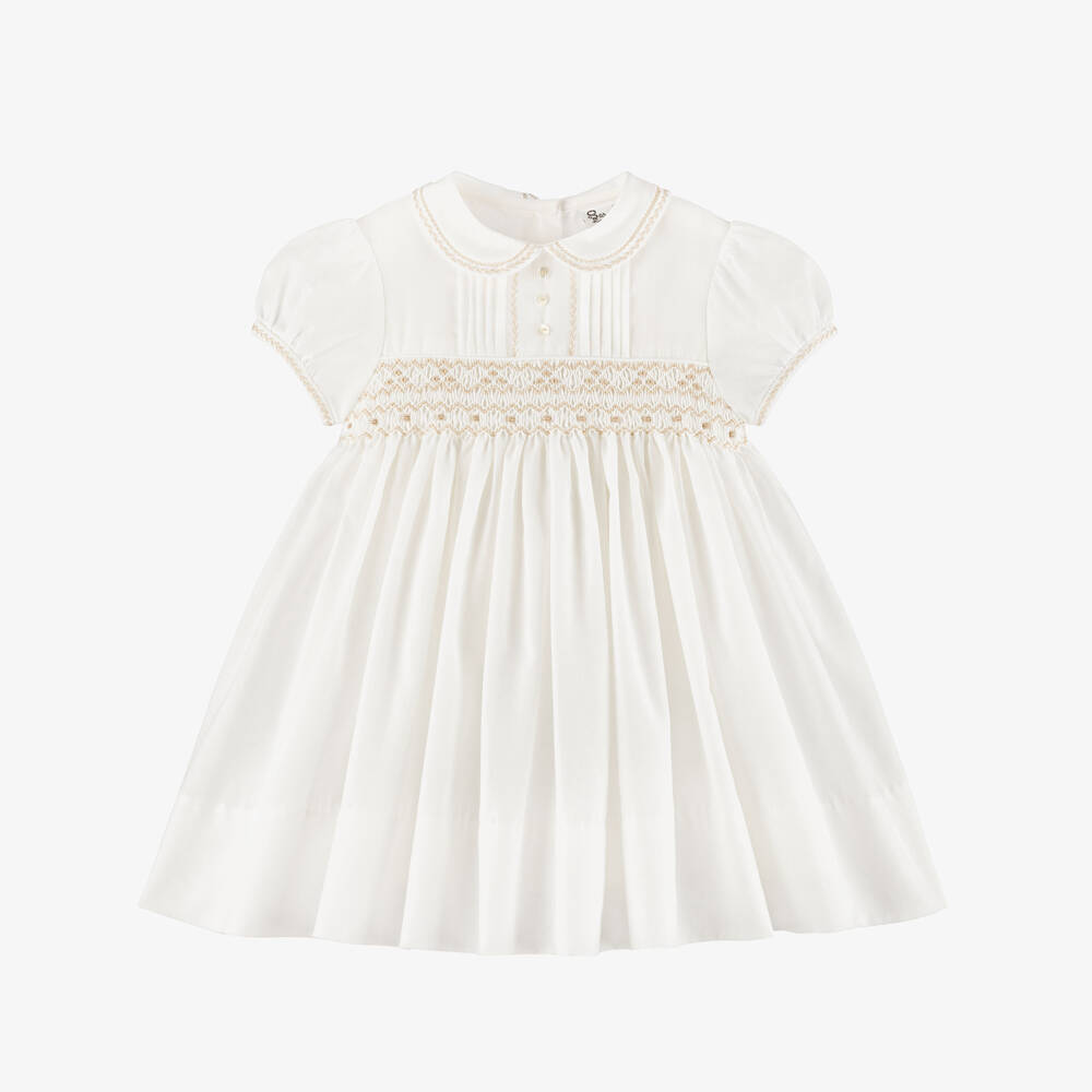 Sarah Louise-Girls Ivory & Beige Hand-Smocked Dress | Childrensalon