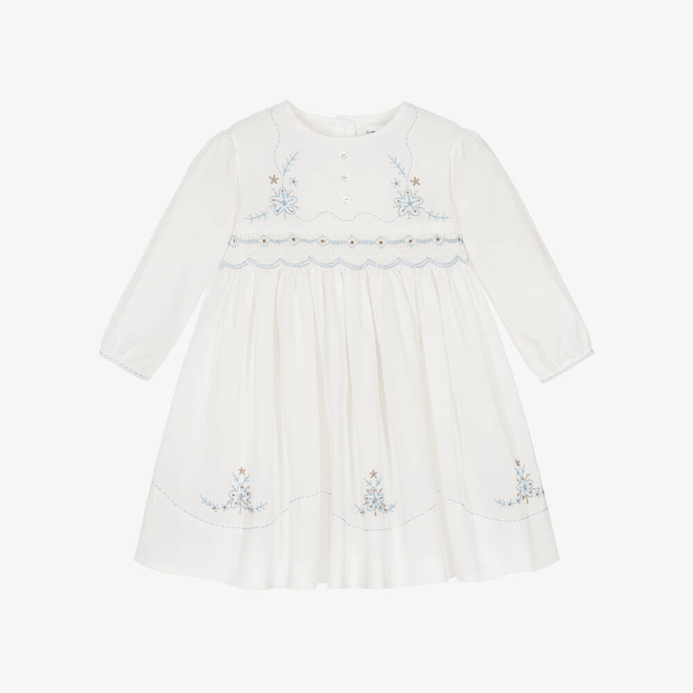 Sarah Louise-Girls Ivory & Blue Hand-Smocked & Embroidered Cotton Dress | Childrensalon