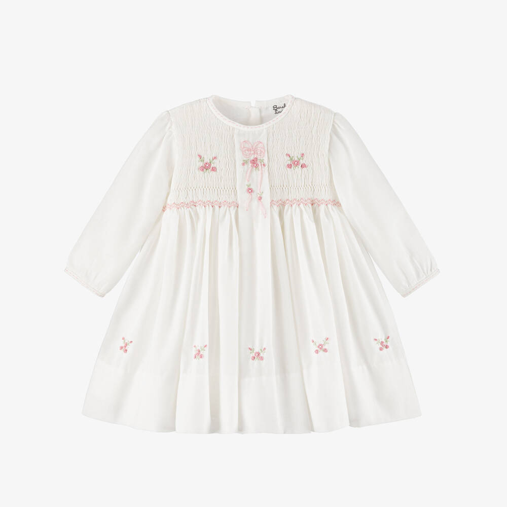 Sarah Louise-Girls Ivory & Blush Pink Hand-Embroidered Bow Dress | Childrensalon