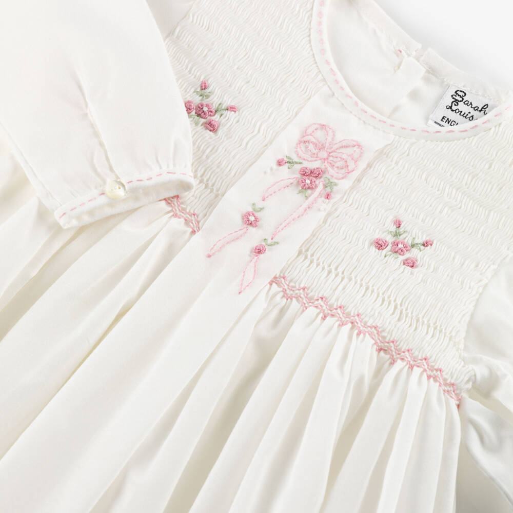 Sarah Louise-Girls Ivory & Blush Pink Hand-Embroidered Bow Dress | Childrensalon