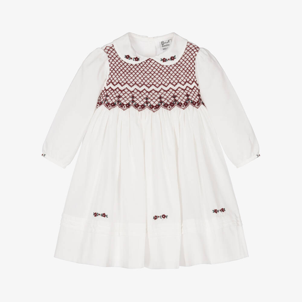 Sarah Louise-Girls Ivory & Burgundy Hand-Smocked Dress | Childrensalon