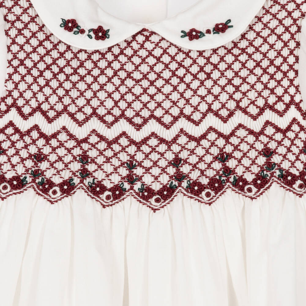 Sarah Louise-Girls Ivory & Burgundy Hand-Smocked Dress | Childrensalon
