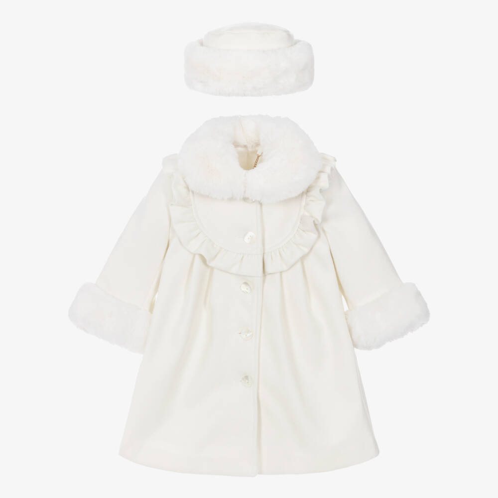 Sarah Louise-Girls Ivory Faux Fur Trim Coat & Hat Set | Childrensalon