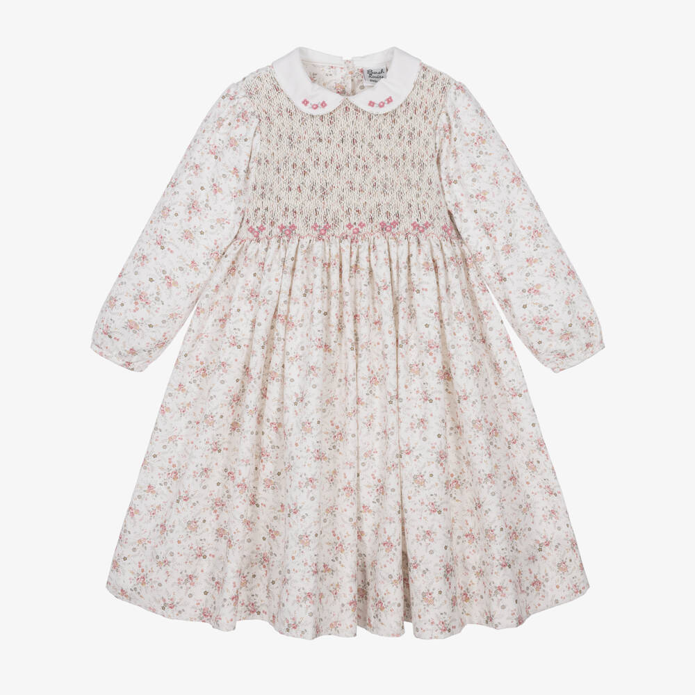 Sarah Louise-Girls Ivory Floral Dress with Hand-Smocking | Childrensalon