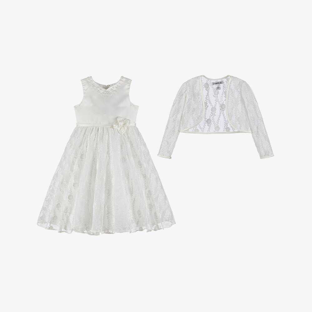 Sarah Louise-Girls Ivory Lace Dress & Bolero Set with Sequins & Pearl Trim | Childrensalon