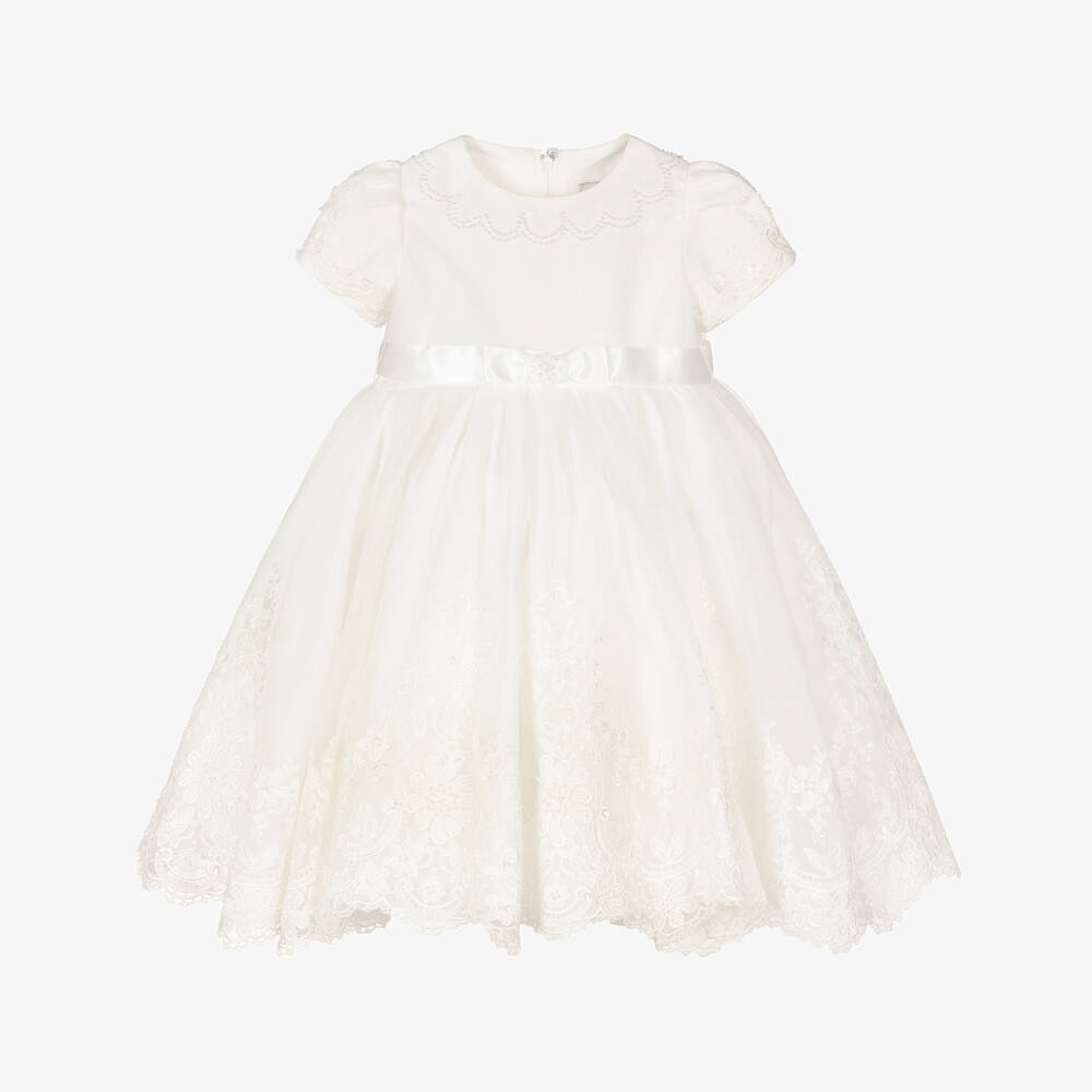 Sarah Louise-Girls Ivory Organza Dress with Lace Trims | Childrensalon