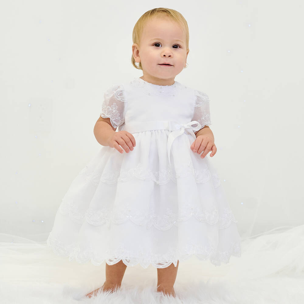 Sarah Louise-Girls Ivory Organza Dress with Scalloped Trims | Childrensalon