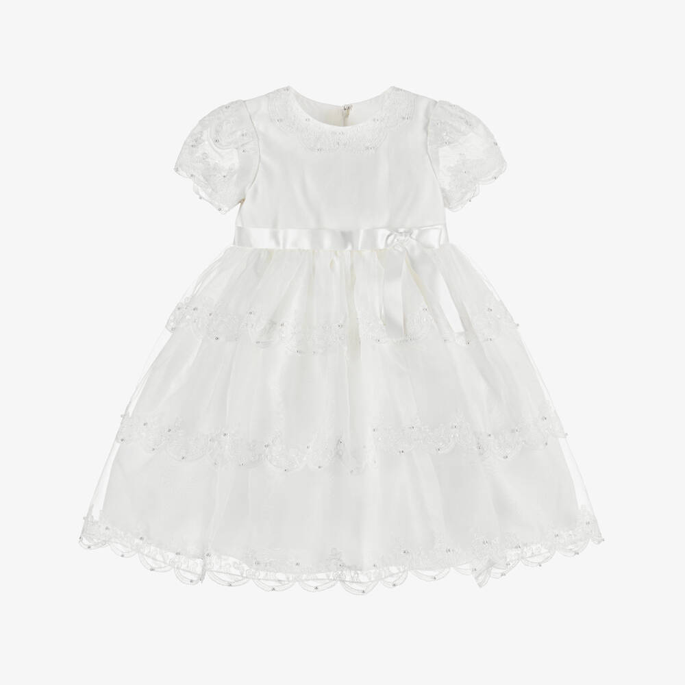 Sarah Louise-Girls Ivory Organza Dress with Scalloped Trims | Childrensalon