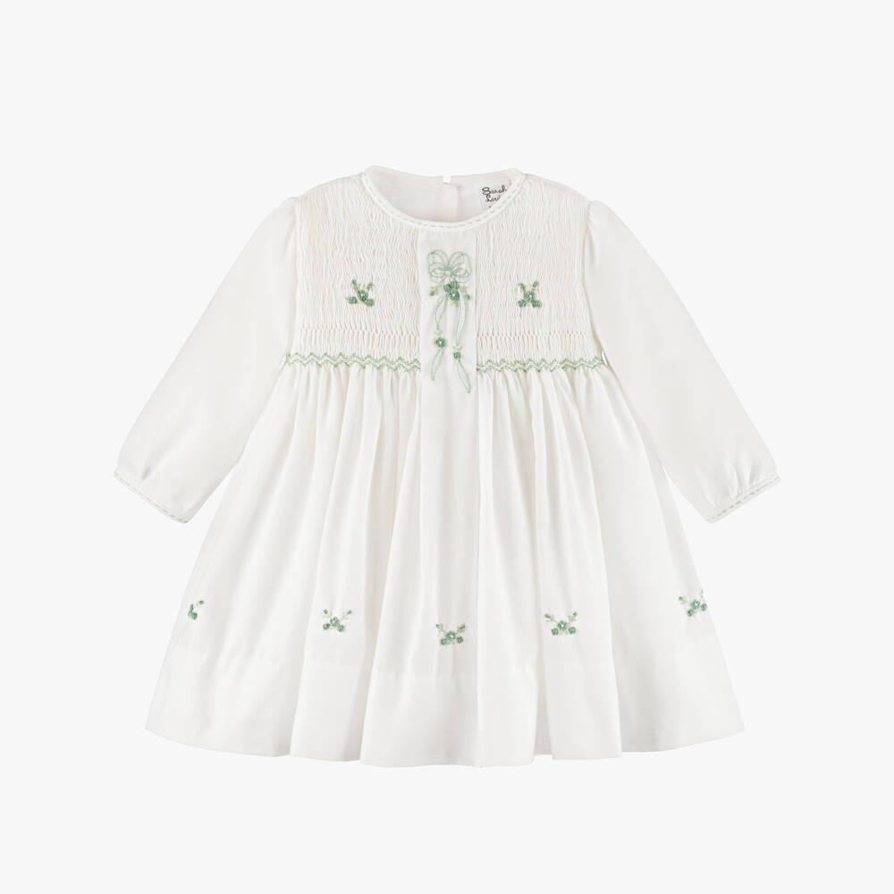 Sarah Louise-Girls Ivory & Sage Green Hand-Embroidered Bow Dress | Childrensalon