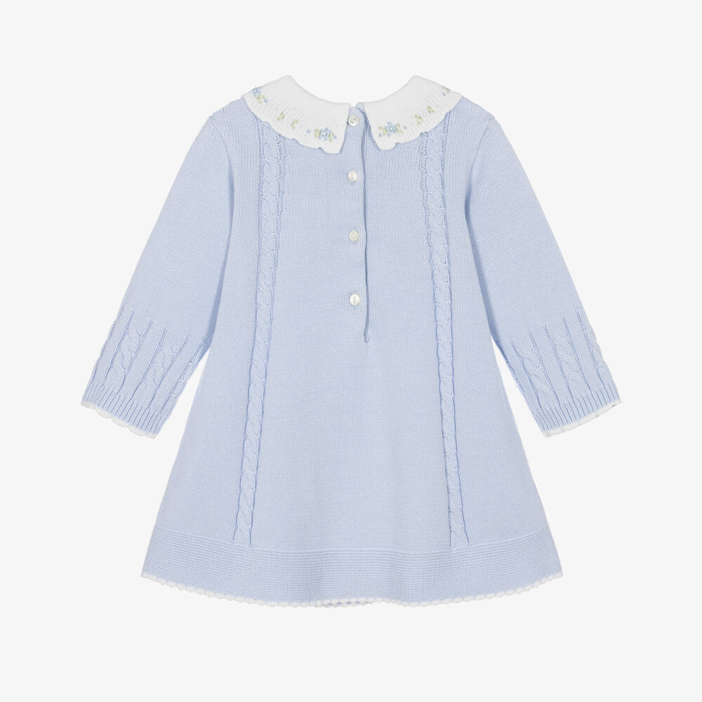 Sarah Louise-Girls Pale Blue Cable-Knit Dress with Embroidered Collar | Childrensalon