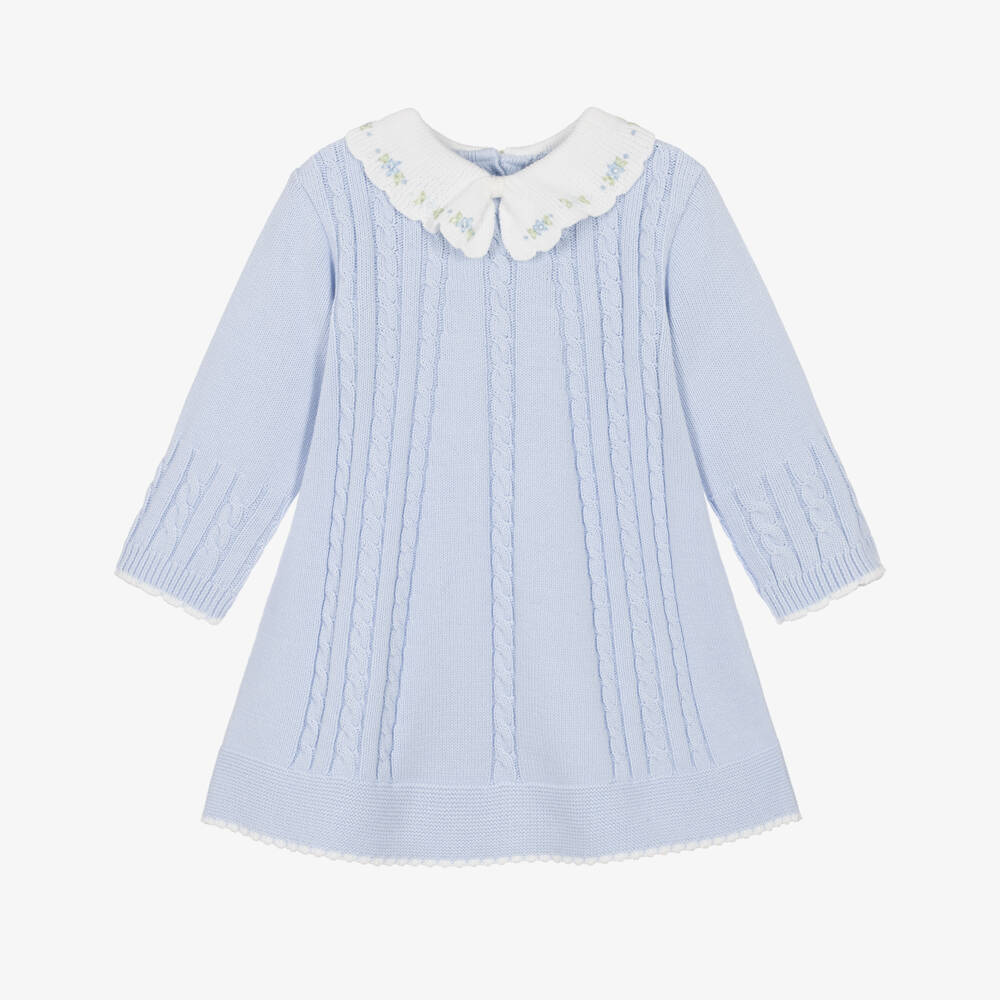 Sarah Louise-Girls Pale Blue Cable-Knit Dress with Embroidered Collar | Childrensalon