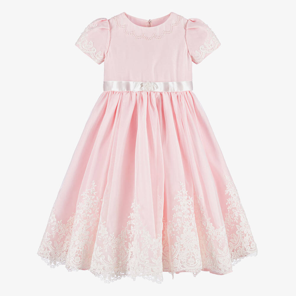 Sarah Louise-Girls Pale Pink Organza Dress with Lace Trims | Childrensalon