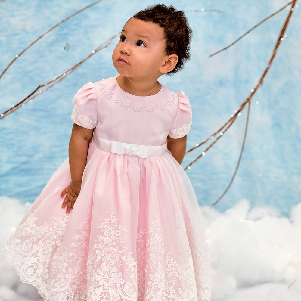 Sarah Louise-Girls Pale Pink Organza Dress with Lace Trims | Childrensalon