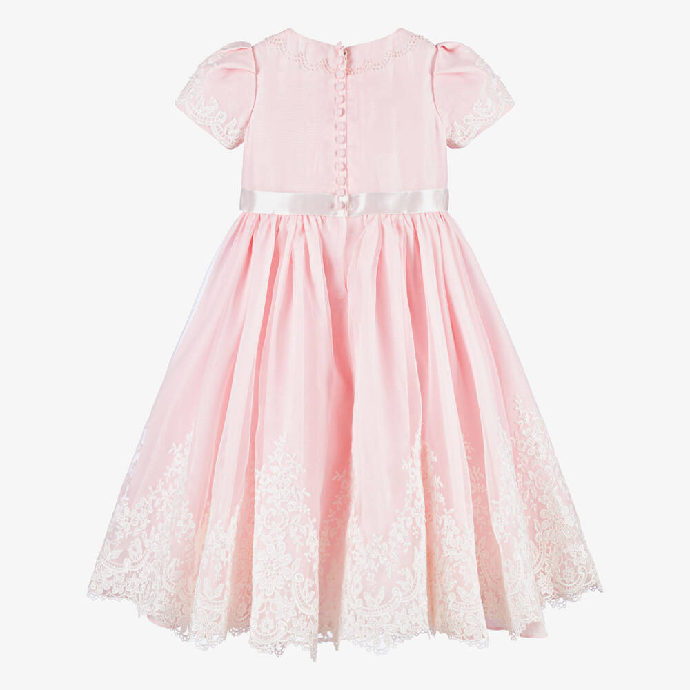 Sarah Louise-Girls Pale Pink Organza Dress with Lace Trims | Childrensalon