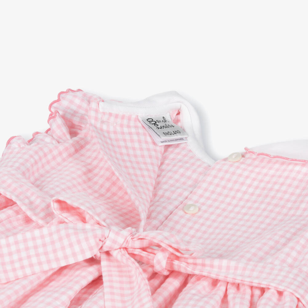 Sarah Louise-Girls Pink Cotton Gingham Smocked Dress | Childrensalon
