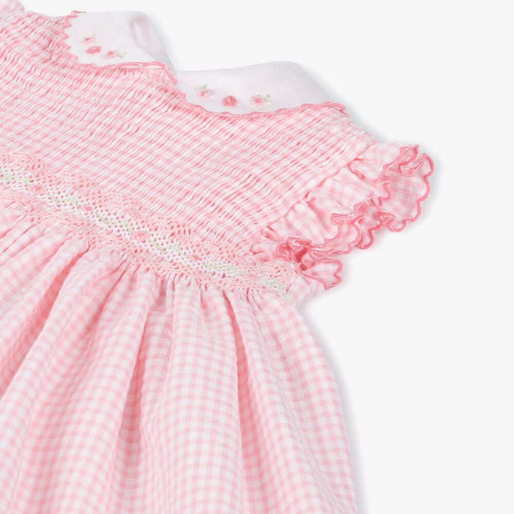 Sarah Louise-Girls Pink Cotton Gingham Smocked Dress | Childrensalon