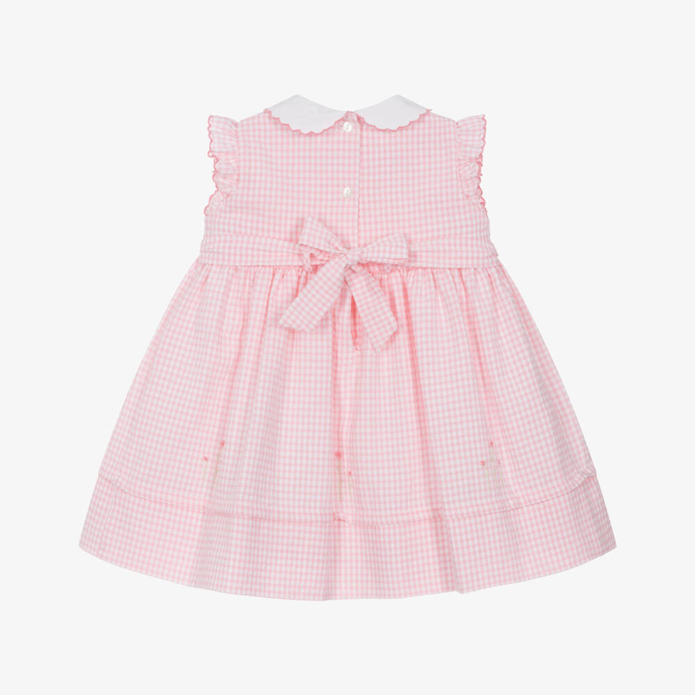 Sarah Louise-Girls Pink Cotton Gingham Smocked Dress | Childrensalon