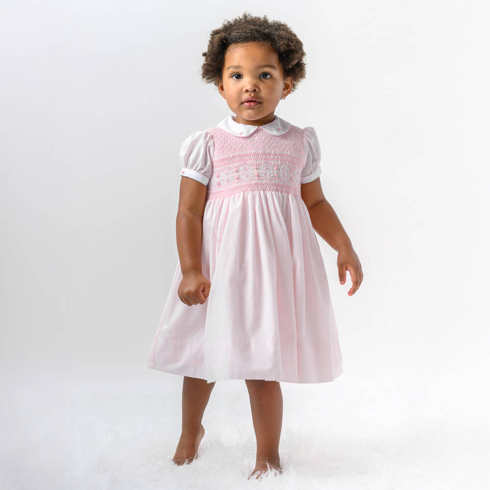 Sarah Louise-فستان تطريز سموك قطن لون زهري | Childrensalon