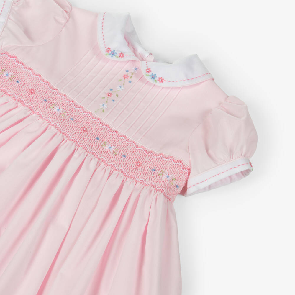 Sarah Louise-Girls Pink Hand-Smocked Dress with Embroidered Flowers | Childrensalon