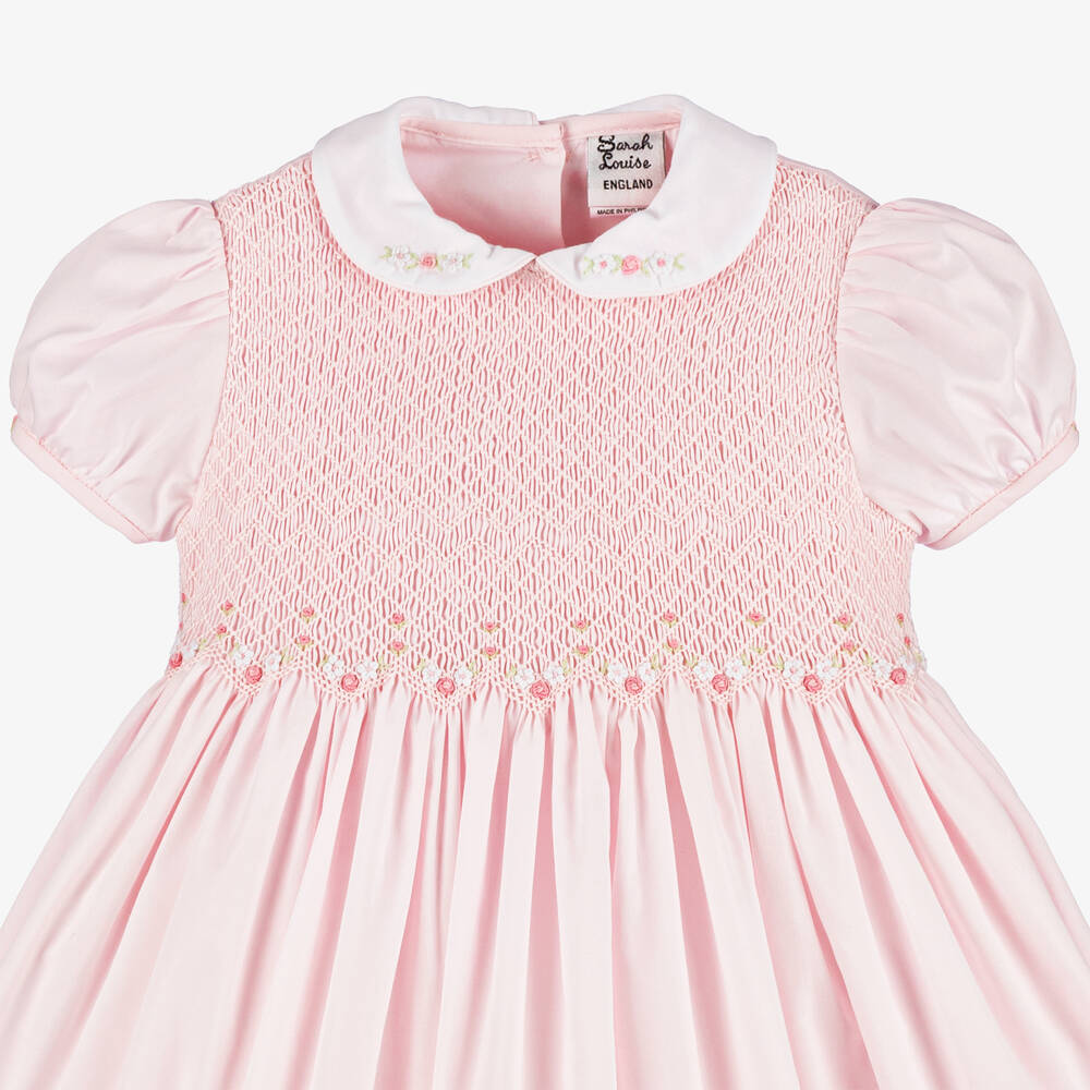 Sarah Louise-فستان تطريز سموك قطن لون زهري | Childrensalon