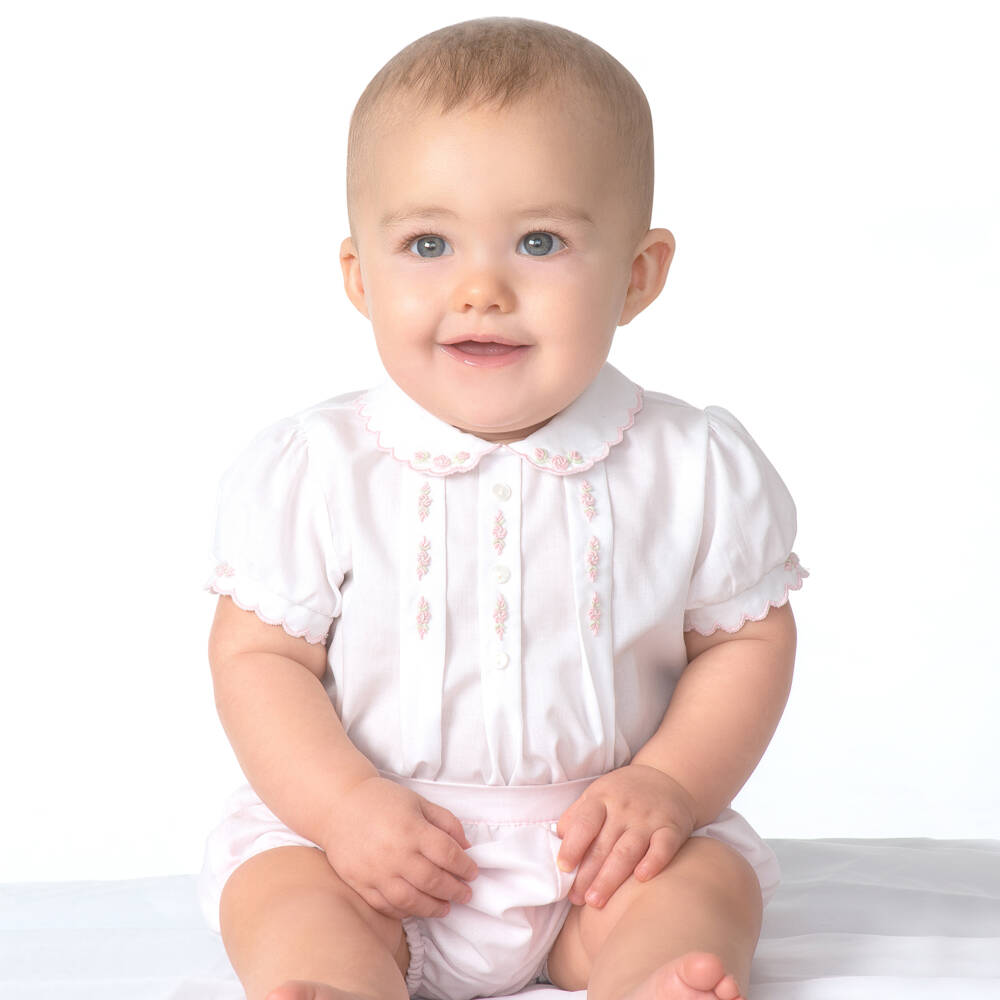 Sarah Louise-Girls Pink & White Buster Suit | Childrensalon