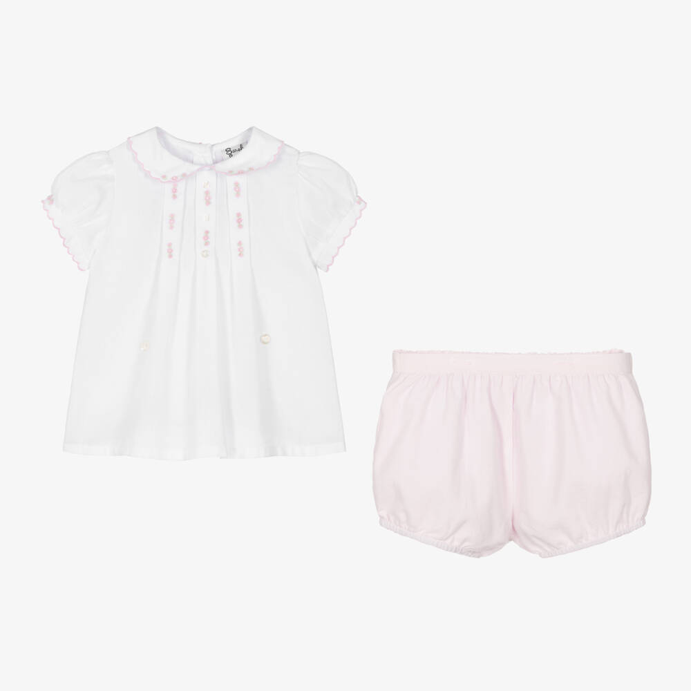 Sarah Louise-Girls Pink & White Buster Suit | Childrensalon