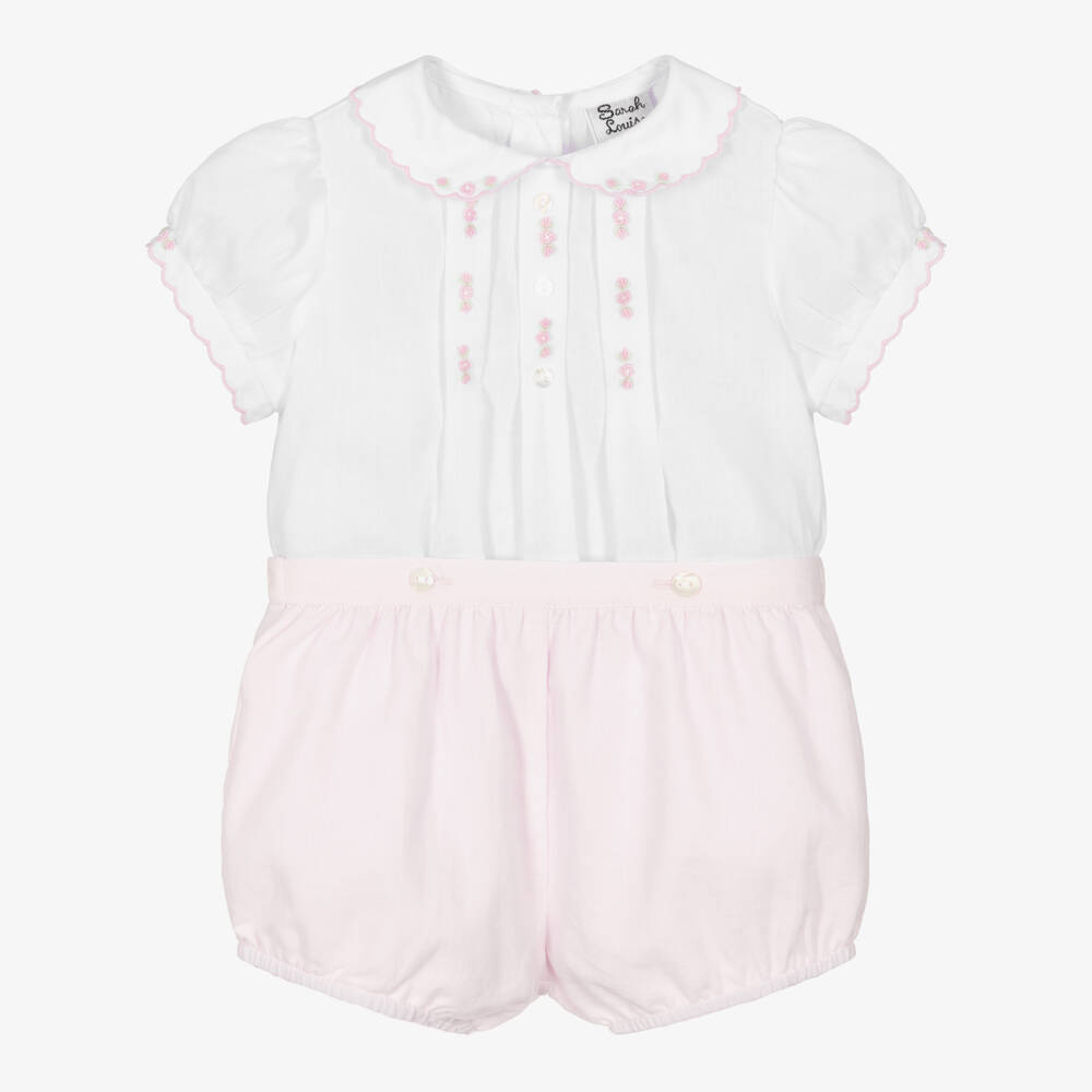 Sarah Louise-Girls Pink & White Buster Suit | Childrensalon