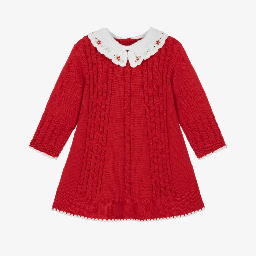 Sarah Louise-Girls Red Cable-Knit Dress with Embroidered Collar | Childrensalon