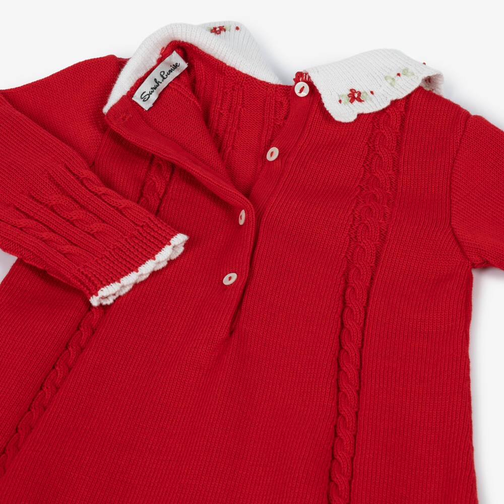 Sarah Louise-Girls Red Cable-Knit Dress with Embroidered Collar | Childrensalon