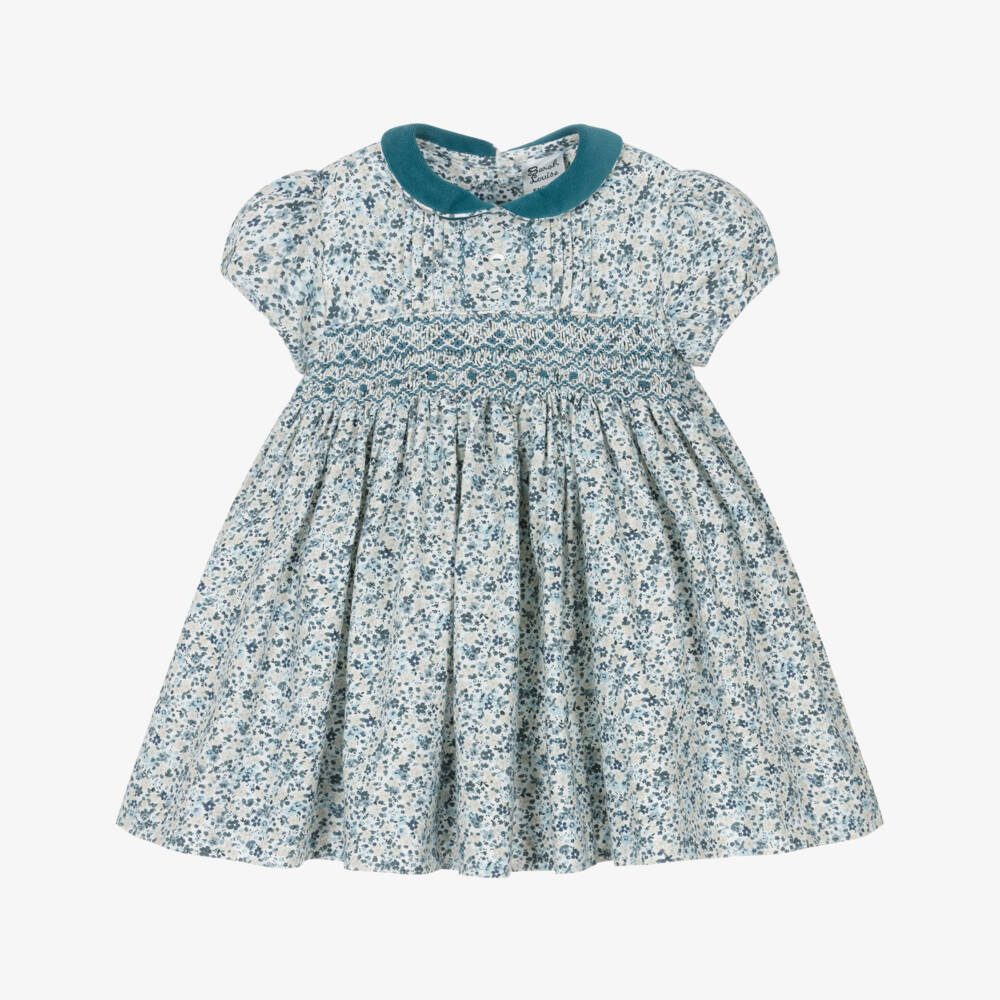 Sarah Louise-Girls Teal Blue & Beige Hand-Smocked Dress | Childrensalon