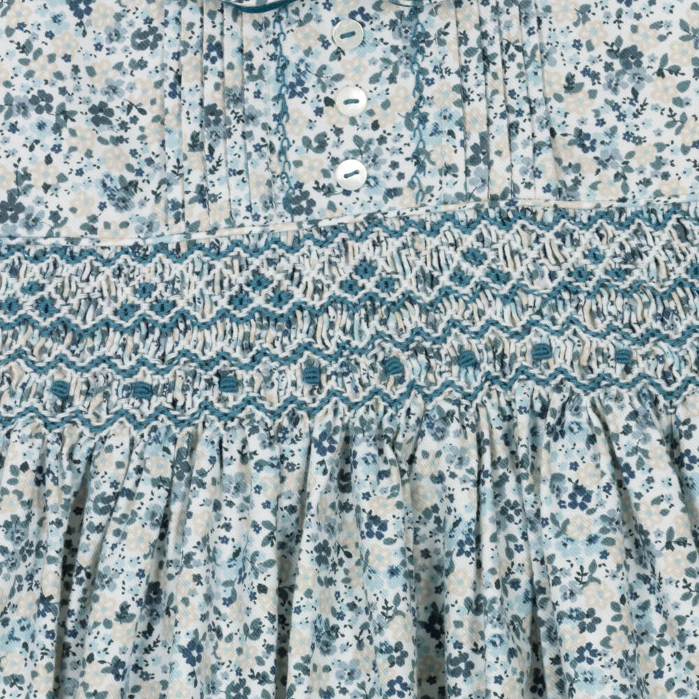 Sarah Louise-Girls Teal Blue & Beige Hand-Smocked Dress | Childrensalon