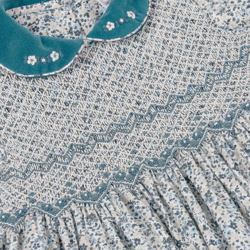 Sarah Louise-فستان بتطريز سموك لون أزرق فيروزي للبنات | Childrensalon