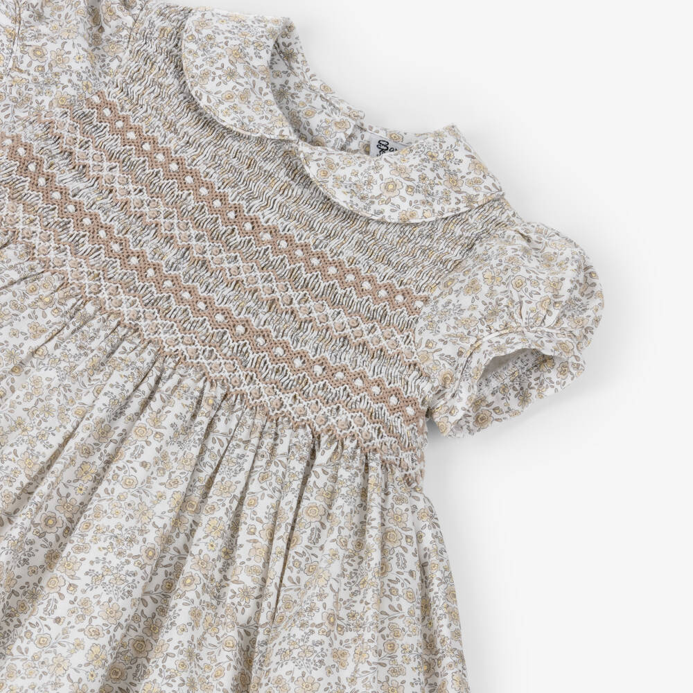 Sarah Louise-Girls White & Beige Floral Cotton Hand-Smocked Dress | Childrensalon