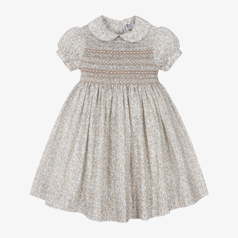 Sarah Louise-Girls White & Beige Floral Cotton Hand-Smocked Dress | Childrensalon
