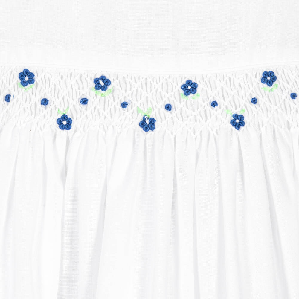 Sarah Louise-فستان بتطريز سموك لون أزرق وأبيض | Childrensalon