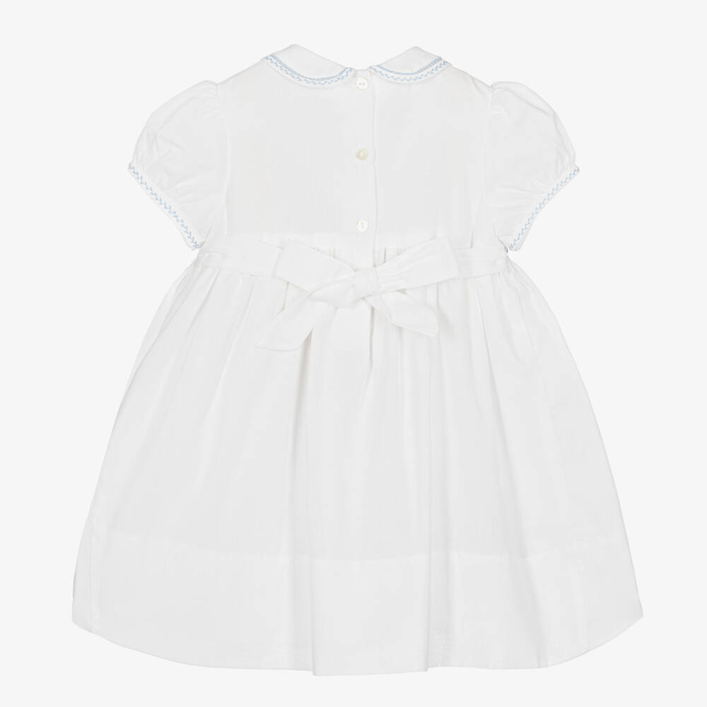 Sarah Louise-فستان مطرز سموكينغ مزيج قطن لون أبيض وأزرق | Childrensalon