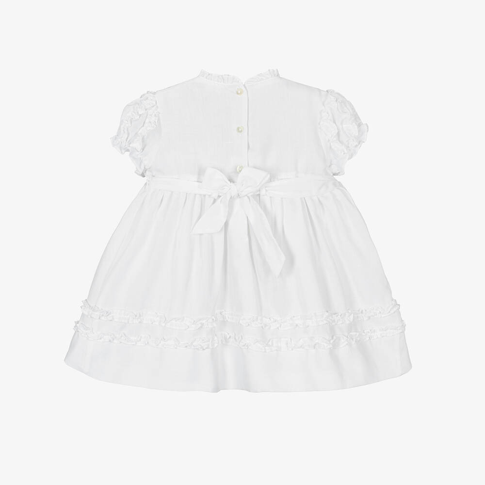 Sarah Louise-فستان بنات بتطريز سموك لون أزرق وأبيض  | Childrensalon