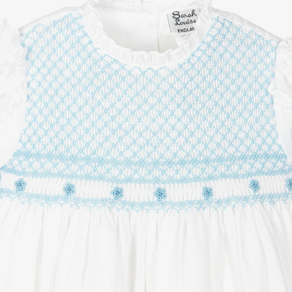 Sarah Louise-فستان بنات بتطريز سموك لون أزرق وأبيض  | Childrensalon