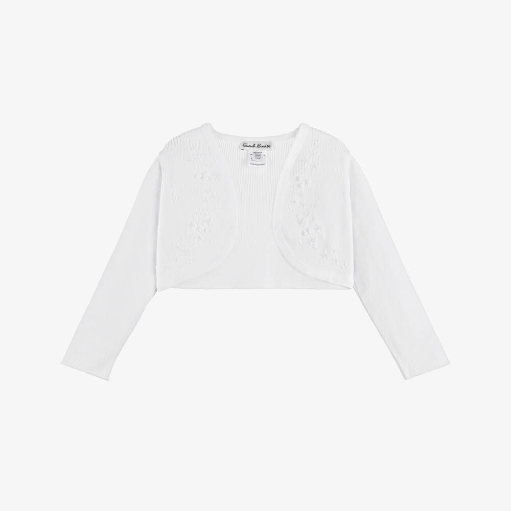 Sarah Louise-Girls White Cotton Bolero Knitted Cardigan  | Childrensalon
