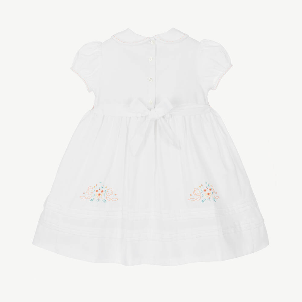 Sarah Louise-فستان بتطريز سموك قطن لون أبيض | Childrensalon