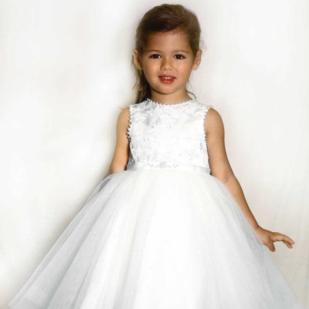 Sarah Louise-Белое платье из атласа и фатина с вышивкой для девочек | Childrensalon