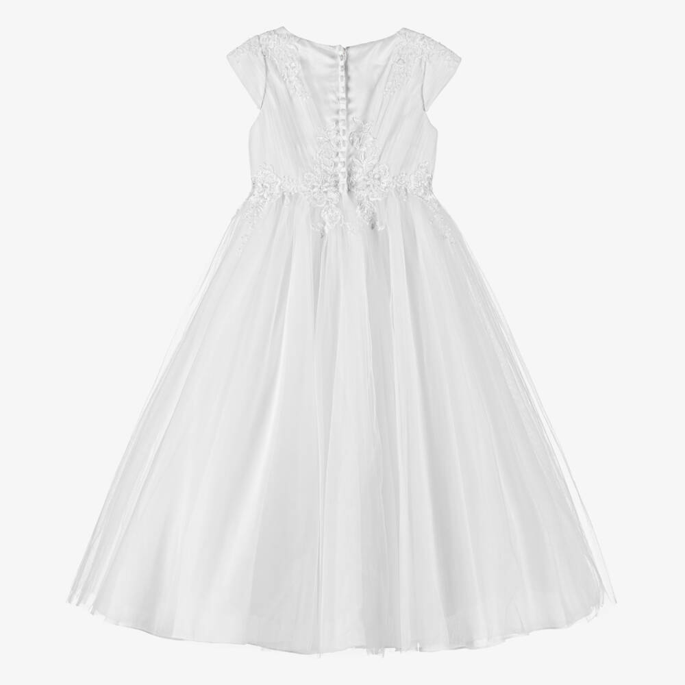 Sarah Louise-Girls White Floral Embroidery & Bead Tulle Dress | Childrensalon