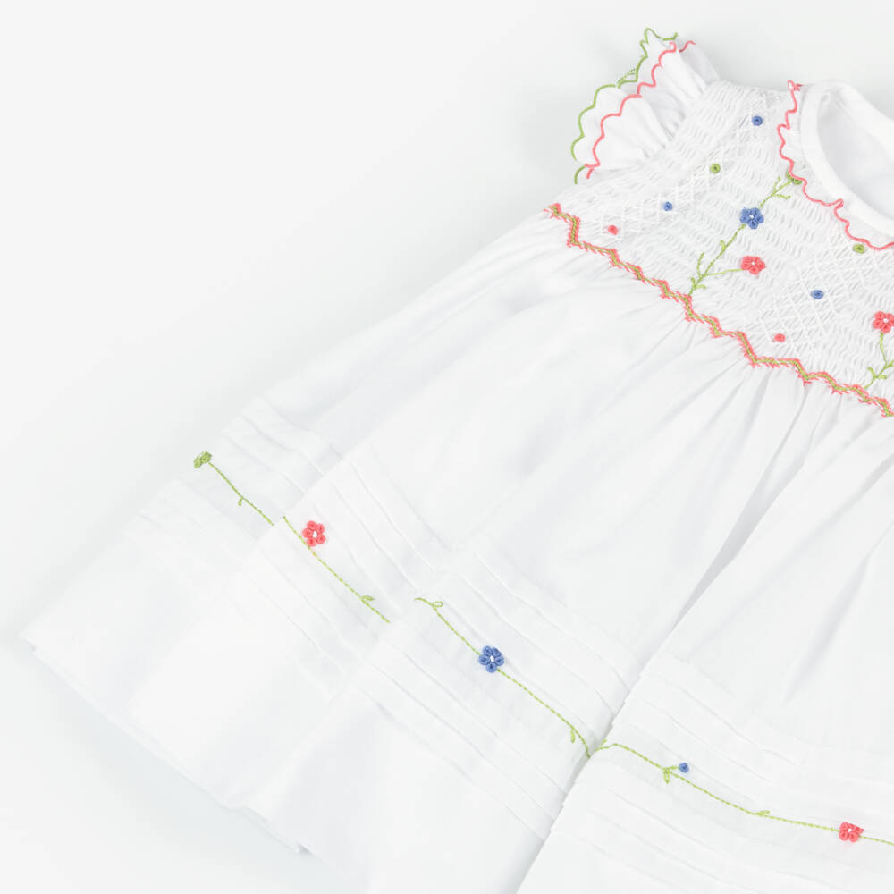 Sarah Louise-Girls White Hand-Smocked Dress with Floral Embroidery | Childrensalon