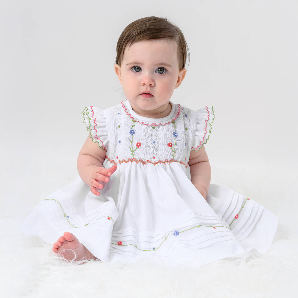 Sarah Louise-Girls White Hand-Smocked Dress with Floral Embroidery | Childrensalon
