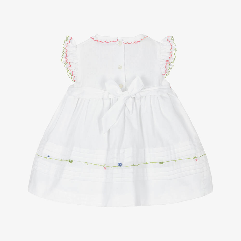 Sarah Louise-Girls White Hand-Smocked Dress with Floral Embroidery | Childrensalon