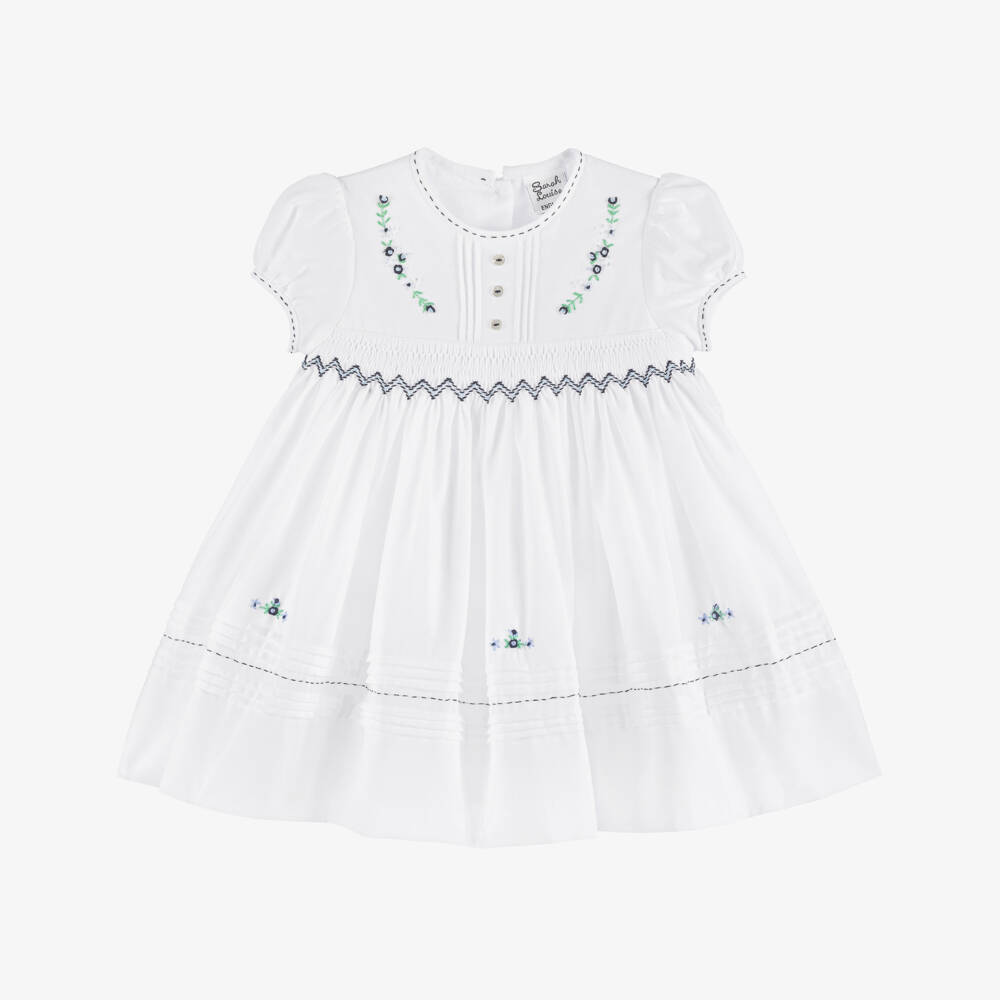 Sarah Louise-Girls White & Navy blue Smocked Dress | Childrensalon