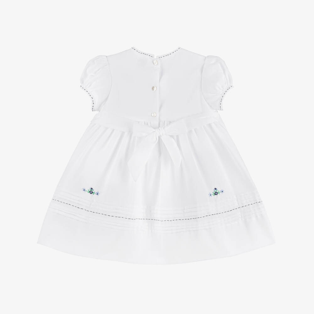 Sarah Louise-Girls White & Navy blue Smocked Dress | Childrensalon