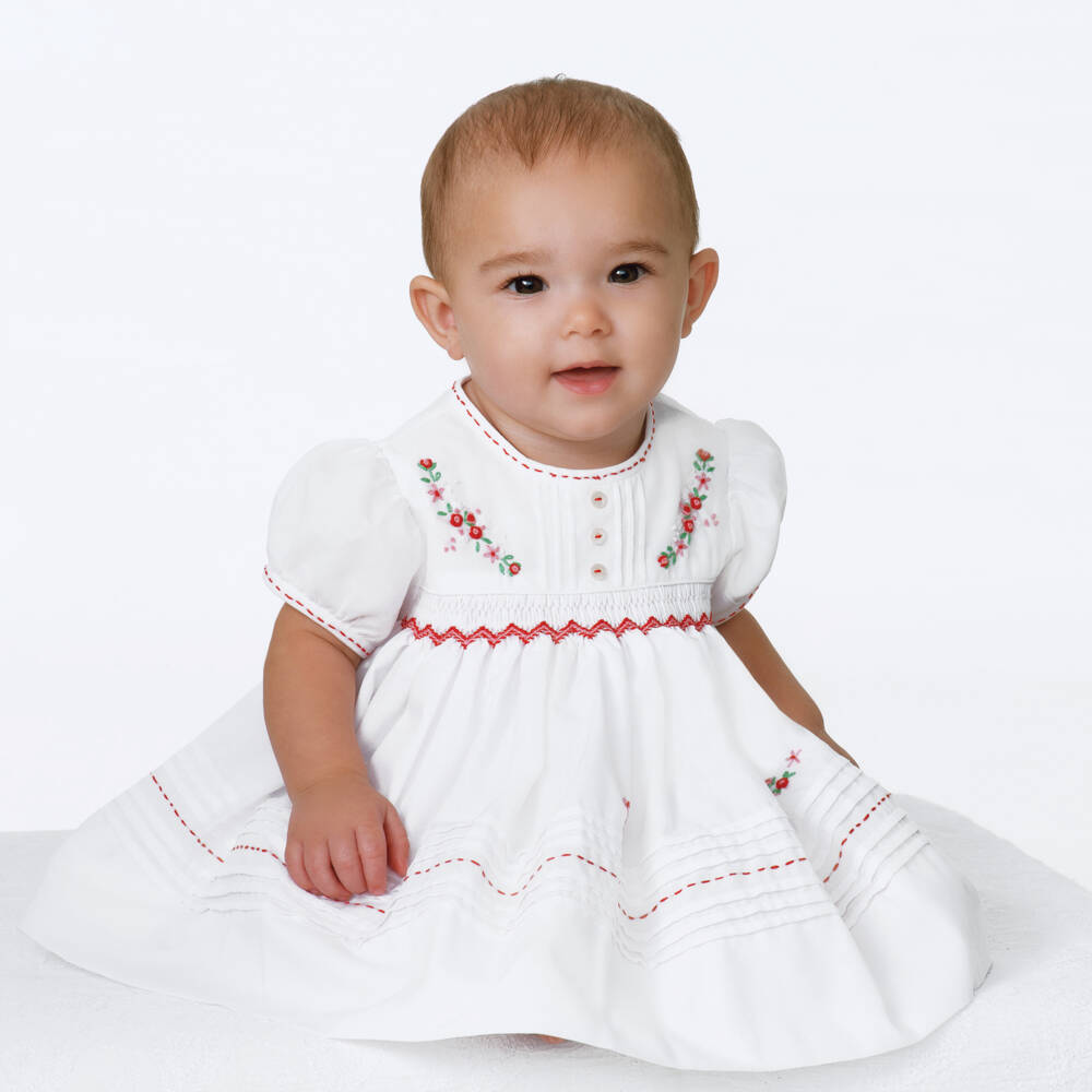 Sarah Louise-Girls White & Red Smocked Dress | Childrensalon