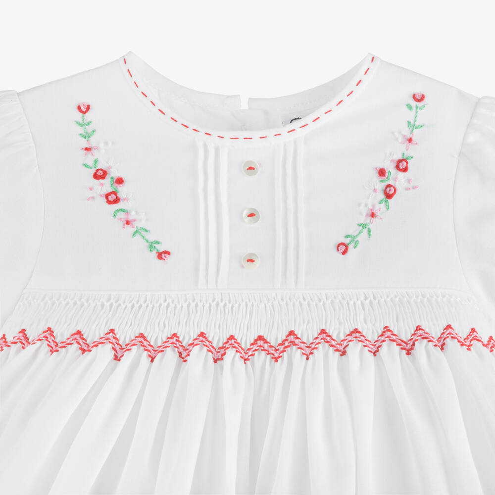 Sarah Louise-Girls White & Red Smocked Dress | Childrensalon