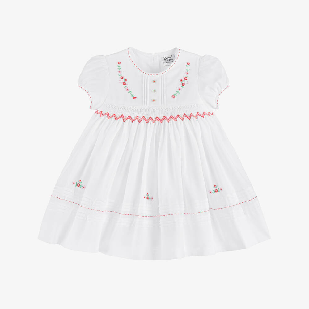 Sarah Louise-Girls White & Red Smocked Dress | Childrensalon